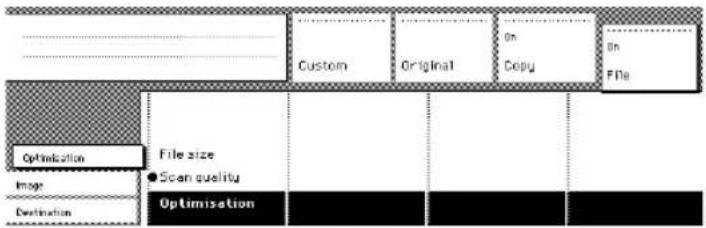 Custom Original On Copy On File Optimization File size Scan quality Image Destination Optimisation