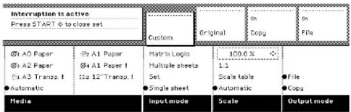 Interruption is active Press START ◆ to close set Custom Original On Copy On Fila ©1 A0 Paper ©3 A2 Paper ©4 A1 Paper 1 ©5 A3 Transp. 1 ●Automatic Matrix Loglo Multiple sheets Set ●Single sheet 100.0 % 1:1 Scale table ●File ●Automatic ●Copy Media Input mode Scale Output mode
