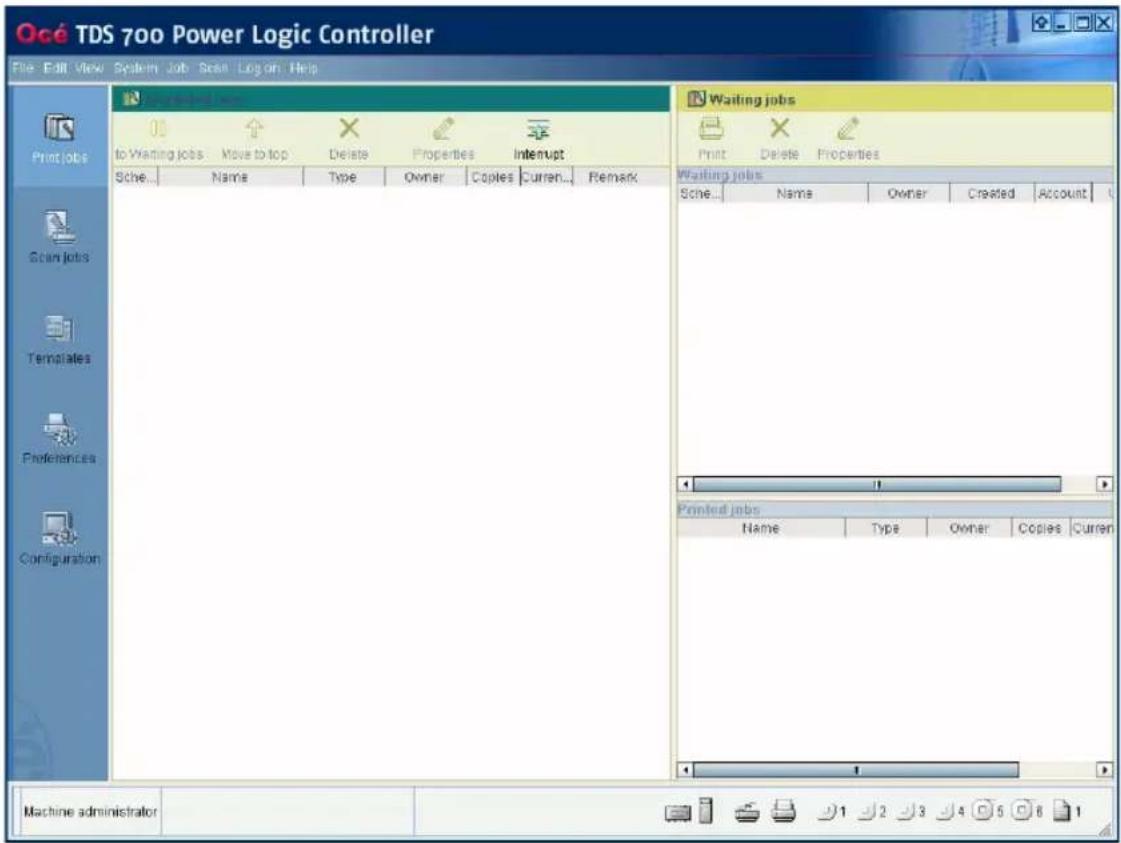 Océ TDS 700 Power Logic Controller File Edit View System Job Scan Log on Help Print jobs To Waiting jobs: Move to top Delete Properties Interrupt Sche Name Type Owner Copies Curren... Remark Waiting jobs Print Delete Properties Waiting jobs Sche Name Owner Created Account Printed jobs Name Type Owner Copies Curren Machine administrator