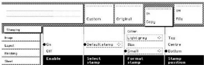 Custom Original in Copy Off File Stamping Image Layout Printing Sheet On Off Default stamp Color: Light grey Size Small Top Centre Bottom Enable Select stamp Format stamp Stamp position