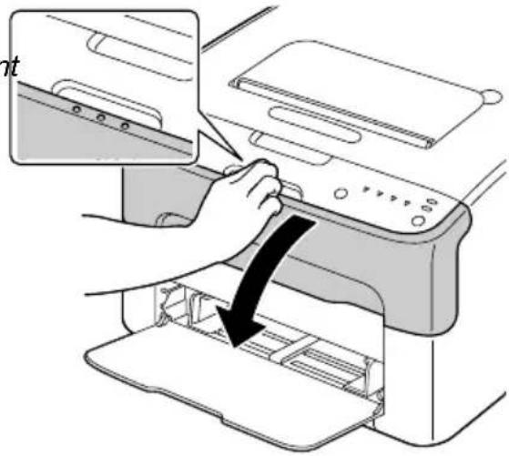 Diagram showing printer operation with a hand inserting a device into a paper airplane, indicating a process step.