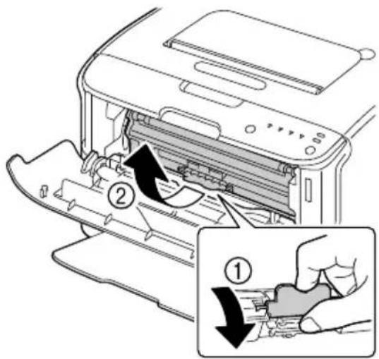 Diagram showing printer operation with labeled parts and directional arrows indicating process flow