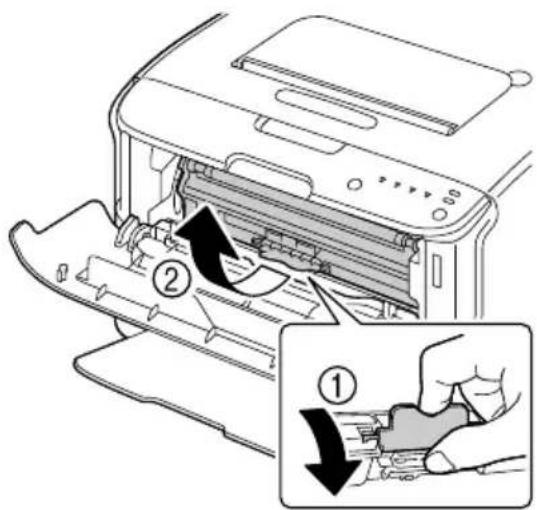 Diagram showing printer operation with labeled parts and directional arrows indicating process flow