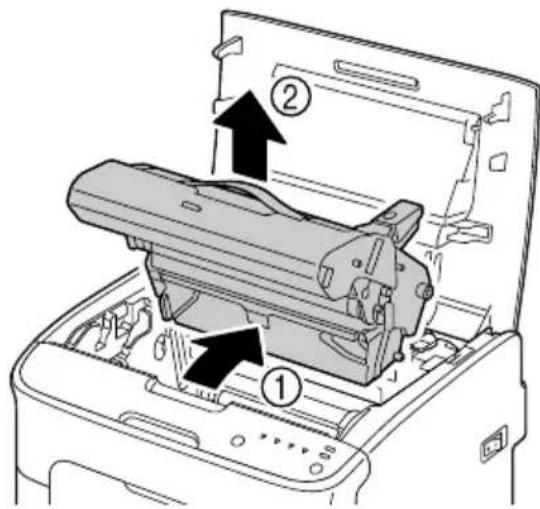 Diagram of a printer internal structure with labeled parts, showing open casing and internal components