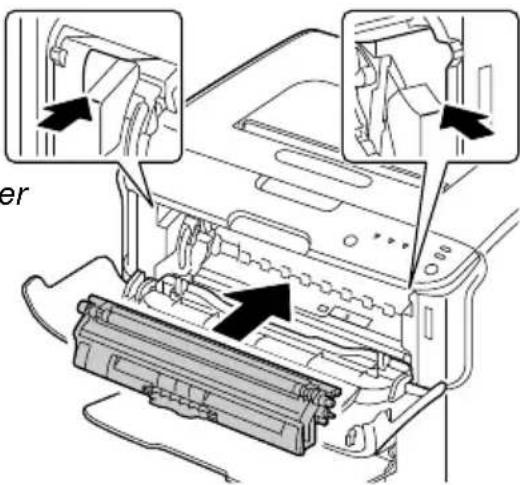 Diagram showing a printer internal structure with labeled parts and directional arrows indicating assembly or movement.
