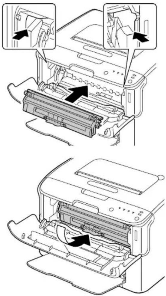 Technical diagram showing printer internal structure with labeled parts and directional arrows indicating assembly or operation.