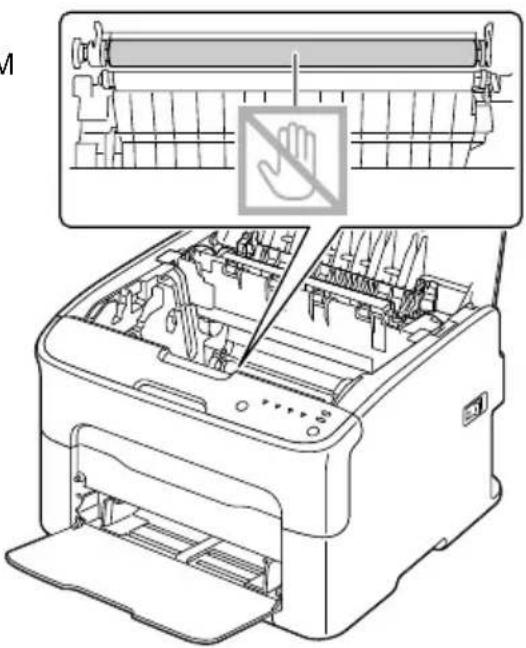 Diagram showing a printer with a hand gesture indicating no protection, alongside its open circuit diagram.