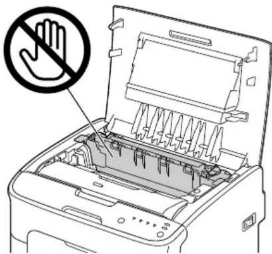 Diagram of an open printer with a hand symbol indicating no prohibition, showing internal components and a warning icon.