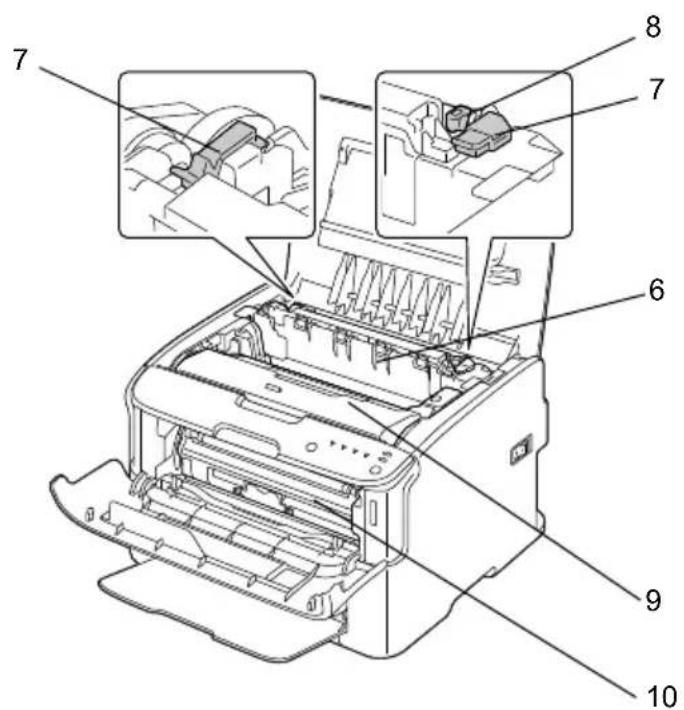 Technical diagram of a printer with numbered parts labeled 6 through 10, showing internal components and assembly.