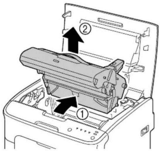 Diagram of a printer internal structure with labeled parts, showing open casing and internal components with arrows indicating assembly or installation.