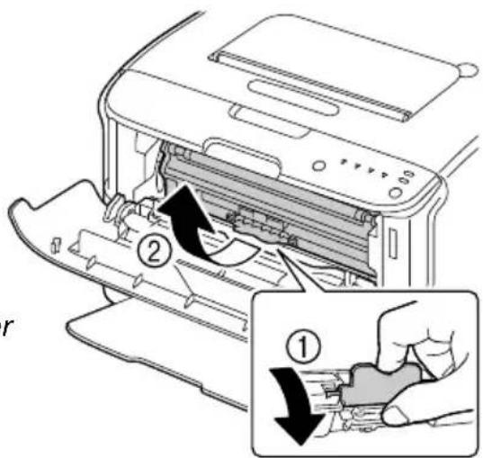 Diagram of printer operation showing step ① and step ② with labeled arrows indicating process flow