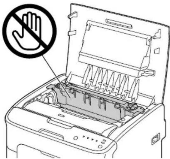 Diagram of a printer with a hand symbol indicating no prohibition, showing internal structure and warning symbol.