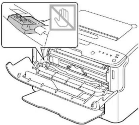 Diagram showing printer internal structure with a hand symbol indicating no mask, and an inset image of a printer's open lid.