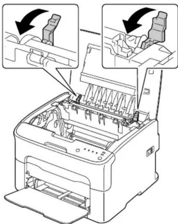 Diagram of a printer with internal components and directional arrows indicating process steps