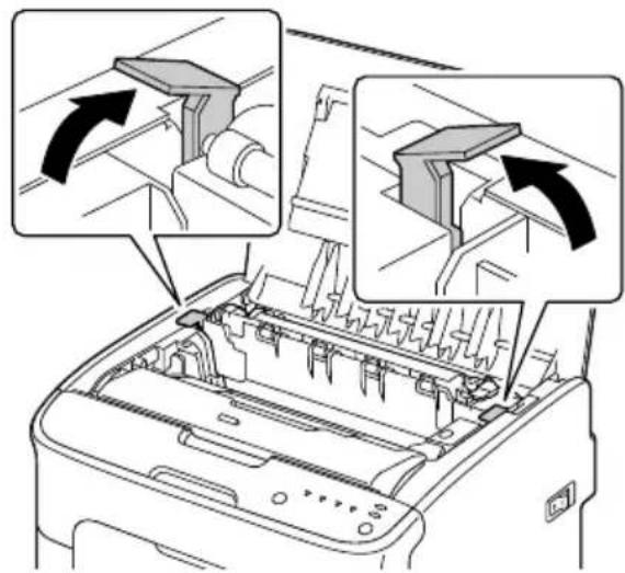 Diagram showing printer internal structure with directional arrows indicating assembly or operation steps