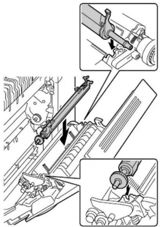 Technical diagram showing mechanical assembly steps with labeled components and directional arrows indicating motion or movement.