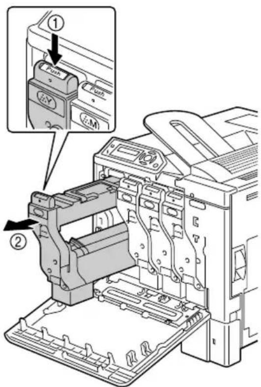 Technical diagram of a printer's internal structure with labeled parts and an inset showing the printer's push button.