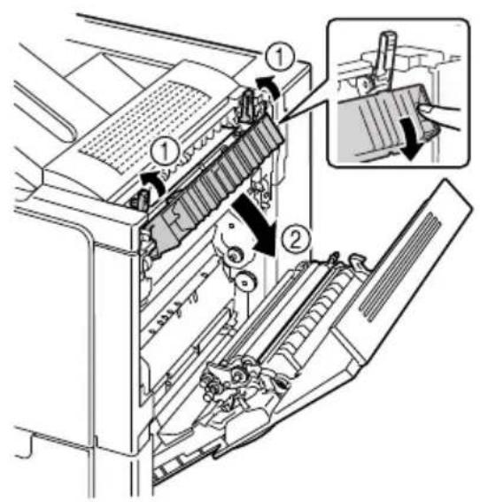 Technical diagram of a printer internal structure with numbered components and an inset showing the insertion process.