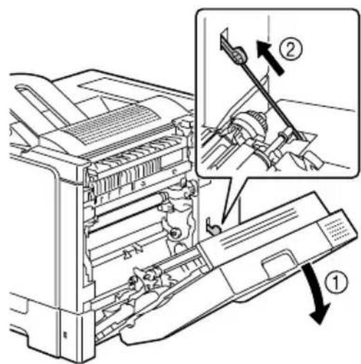 Technical diagram of a printer internal structure with labeled parts and directional arrows indicating assembly or operation.