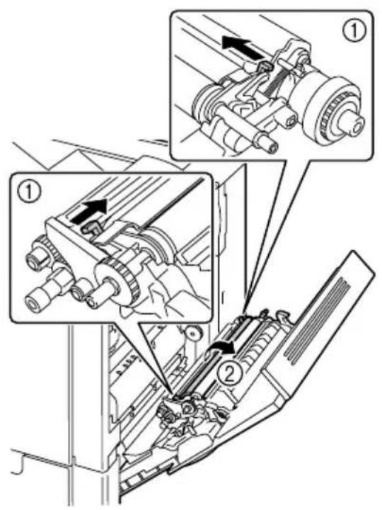Technical diagram showing mechanical assembly steps with numbered annotations indicating component placement and adjustment.