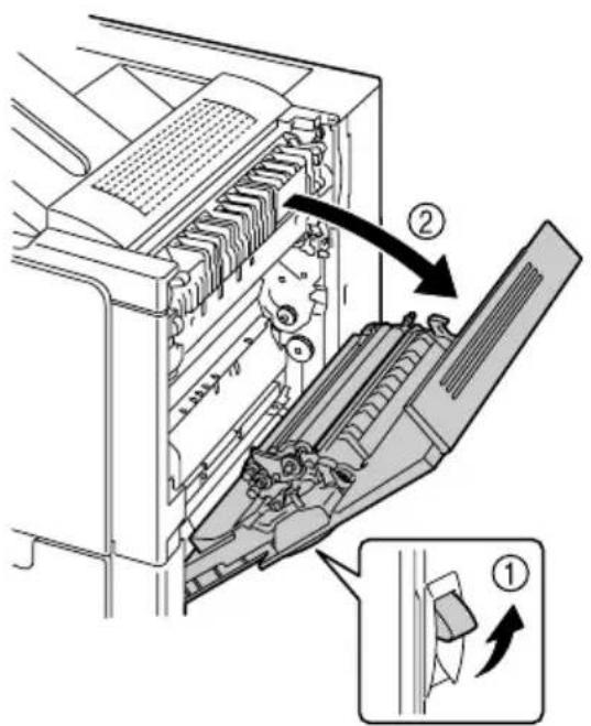 Technical diagram of a device with labeled parts and directional arrows indicating assembly or operation steps