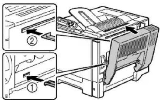 Technical diagram showing two views of a printer's internal structure with numbered annotations indicating parts of each view.