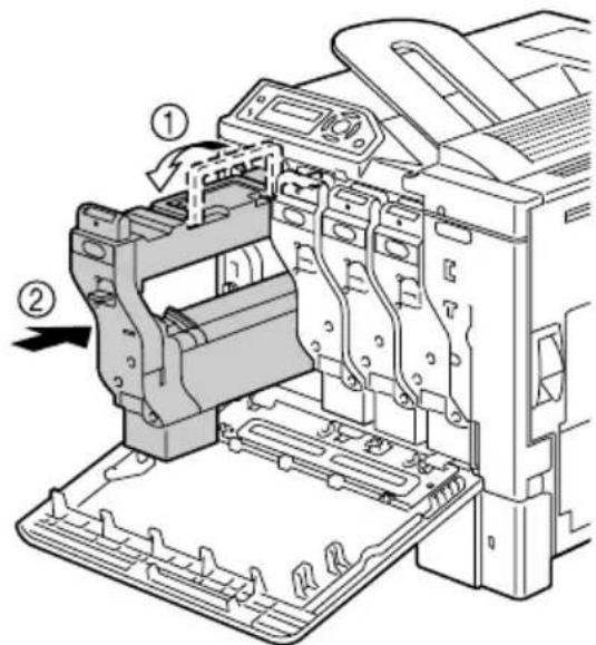 Technical diagram of a printer internal structure with numbered components and directional arrow indicating assembly or operation.