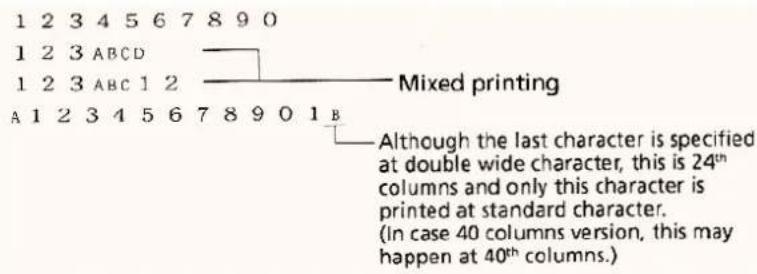 1 2 3 4 5 6 7 8 9 0 1 2 3 ABCD 1 2 3 ABC 1 2 A 1 2 3 4 5 6 7 8 9 0 1 B Mixed printing Although the last character is specified at double wide character, this is 24th columns and only this character is printed at standard character. (In case 40 columns version, this may happen at 40th columns.)