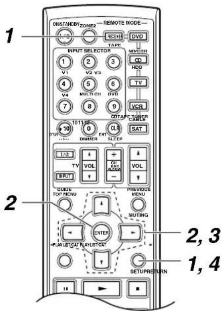 ONSTANDBY ZONE2 — REMOTE MODE — 1 INPUT SELECTOR V1 2 3 V2 V3 4 5 6 V4 MULTI CH DVD 7 8 9 COMP R/C 10 11 12 13 DTM DIMMER ENT SLEEP I/S TV VOL INPUT GUIDE TOP MENU PREVIOUS MENU MUTING ENTER PLAYLISTCAT PLAYLISTCAT SETUPRETURN 1, 2, 3 1, 4