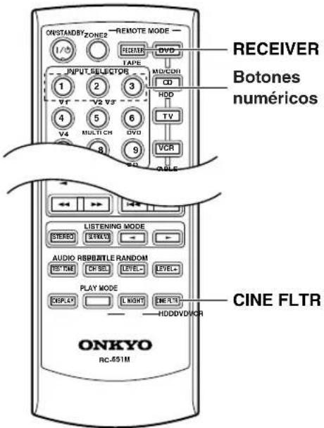 ONSTANDBY ZONE2 — REMOTE MODE — I/O FISMAR DVD TAPE INPUT SELECTOR MODE 1 2 3 V7 V2 V5 4 5 6 V4 MULTICH DVD 8 9 RECEIVER Botones numéricos HDD TV VCR OLE LISTENING MODE STERE 200V0 AUDIO RBBBATTLE RANDOM 15" TIME OFF SE LEVEL LEVEL+ PLAY MODE DISPLAY L NIGHT ORDER HDDDVD/OCR CINE FLTR ONKYO RC-551M