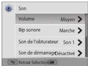 Son Volume Moyen > Bip sonore Marche > Son de l'obturateur Son 1 > Son de démarrage Désactivé > Retour Sélection