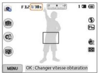 F3.2 1/30s MENU OK : Changer vitesse obturation