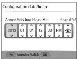 Configuration date/heure Année Mois Jour Heure Min Heure d'été 2013 01 01 12 00 PM Annuler Valider OK
