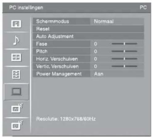 PC instellingen Schermmodus Normaal Reset Auto Adjustment Fase 0 —— Pitch 0 —— Horiz. Verschuliven 0 —— Vertic. Verschuliven 0 —— Power Management Aan Resolutie: 1280x768/60Hz