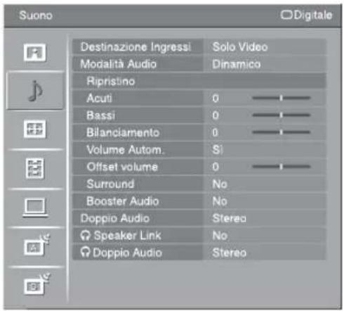 Suono Destinazione Ingressi Modalità Audio Solo Video Dinamico Ripristino Acuti Bassi Bilanciamento Volume Autom. Offset volume Surround Booster Audio Doppio Audio Speaker Link Doppio Audio S stereo Stereo Stereo