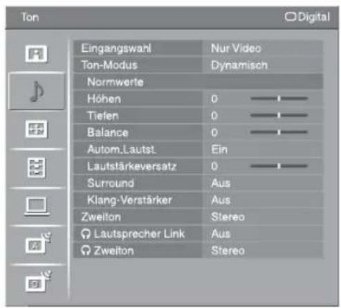 Eingangswahl Ton-Modus Nur Video Dynamisch Normwerte Höhen 0 Tiefen 0 Balance 0 Autom.Lautst. Ein Lautstärkeversatz 0 Surround Aus Klang-Verstärker Aus Zweiton Stereo Lautsprecher Link Aus Zweiton Stereo