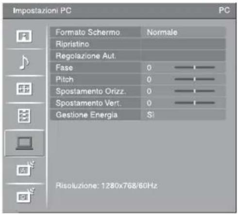 Impostazioni PC Formato Schermo Normale Ripristino Regolazione Aut. Fase 0 —— Pitch 0 —— Spostamento Orizz. 0 —— Spostamento Vert. 0 —— Gestione Energia Si Risoluzione: 1280x768/60Hz