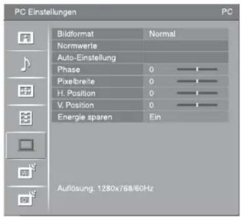 PC Einstellungen PC Bildformat Normal Normwerte Auto-Einstellung Phase 0 —— Pixelbreite 0 —— H. Position 0 —— V. Position 0 —— Energie sparen Ein Auflösung: 1280x768/60Hz