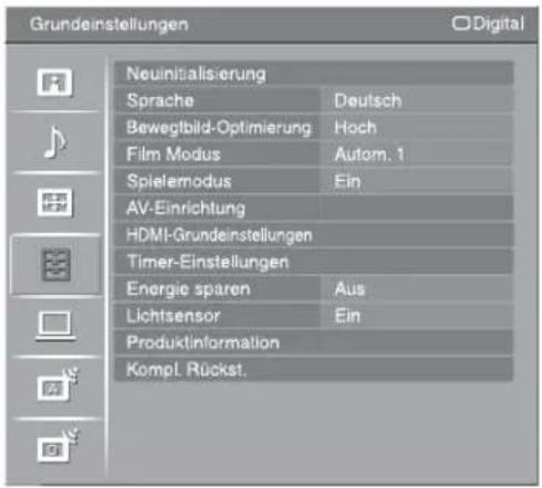 Grundeinstellungen Neuinitialisierung Sprache Deutsch Bewegtbild-Optimierung Hoch Film Modus Autom. 1 Spielemodus Ein AV-Einrichtung HDMI-Grundeinstellungen Timer-Einstellungen Energie sparen Aus Lichtsensor Ein Produktinformation Kompl. Rückst.