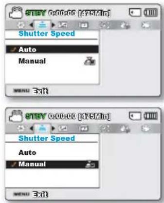 STBY 0:00:00 [75Mn] Shutter Speed ✓ Auto Manual MENU 3 Exit STBY 0:00:00 [75Mn] Shutter Speed Auto ✓ Manual MENU 3 Exit
