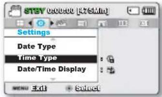 STEV 0500.00 [875.00] Settings Date Type Time Type Date/Time Display MENU Exit Select