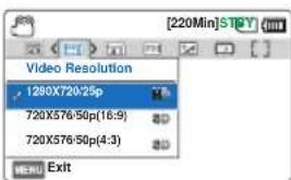 Video Resolution 1280X720:25p 720X576:50p(16:9) 720X576:50p(4:3) MENU Exit