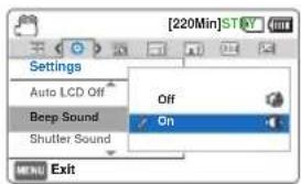 [220Min]STAY Settings Auto LCD Off Beep Sound Shutter Sound Off On MENU Exit