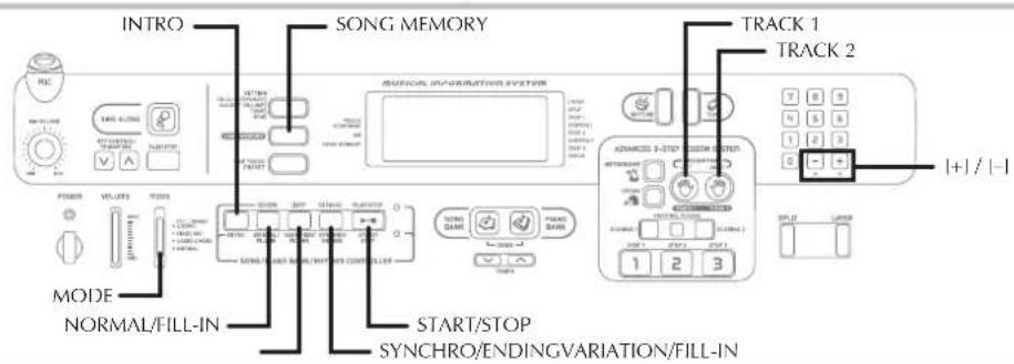 INTRO SONG MEMORY TRACK 1 TRACK 2 MODE NORMAL/FILL-IN START/STOP SYNCHRO/ENDINGVARIATION/FILL-IN