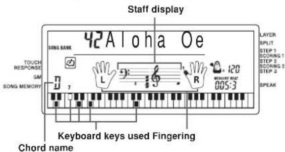 Staff display 42Aloha Oe SONG BANK TOUCH RESPONSE GM SONG MEMORY 7 L 1 120 WEIGHT RICE 005-3 SPEAK Keyboard keys used Fingering Chord name LAYER SPLIT STEP 1 SCORING 1 STEP 2 SCORING 2 STEP 3