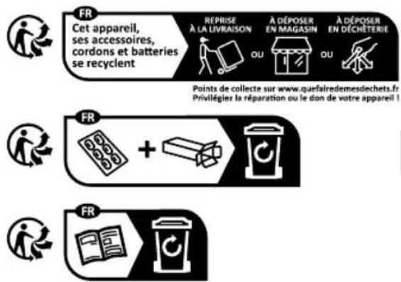 FR Cet appareil, ses accessoires, cordons et batteries se recyclent REPRISE À LA LIVRAISON À DÉPOSER EN MAGASIN À DÉPOSER EN DÉCHÉTERIE Points de collecte sur www.quefairedemesdechets.fr Privillégiez la réparation ou le don de votre appareil !