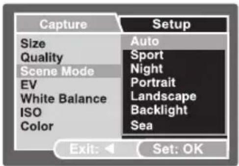 Capture Size Quality Scene Mode EV White Balance ISO Color Setup Auto Sport Night Portrait Landscape Backlight Sea Exit: Set: OK