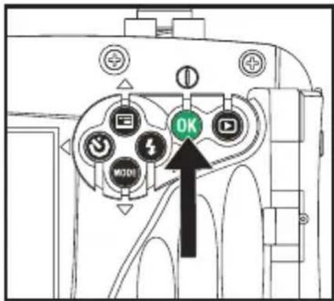 Diagram of a camera module with labeled buttons and an 'OK' button, showing navigation arrows and function icons.