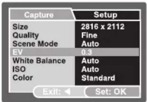 Capture Size 2816 x 2112 Quality Fine Scene Mode Auto EV 0.3 White Balance Auto ISO Auto Color Standard Exit: Set: OK