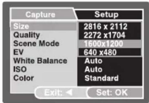Capture Size 2816 x 2112 Quality 2272 x1704 Scene Mode 1600x1200 EV 640 x480 White Balance Auto ISO Auto Color Standard Exit: Set: OK